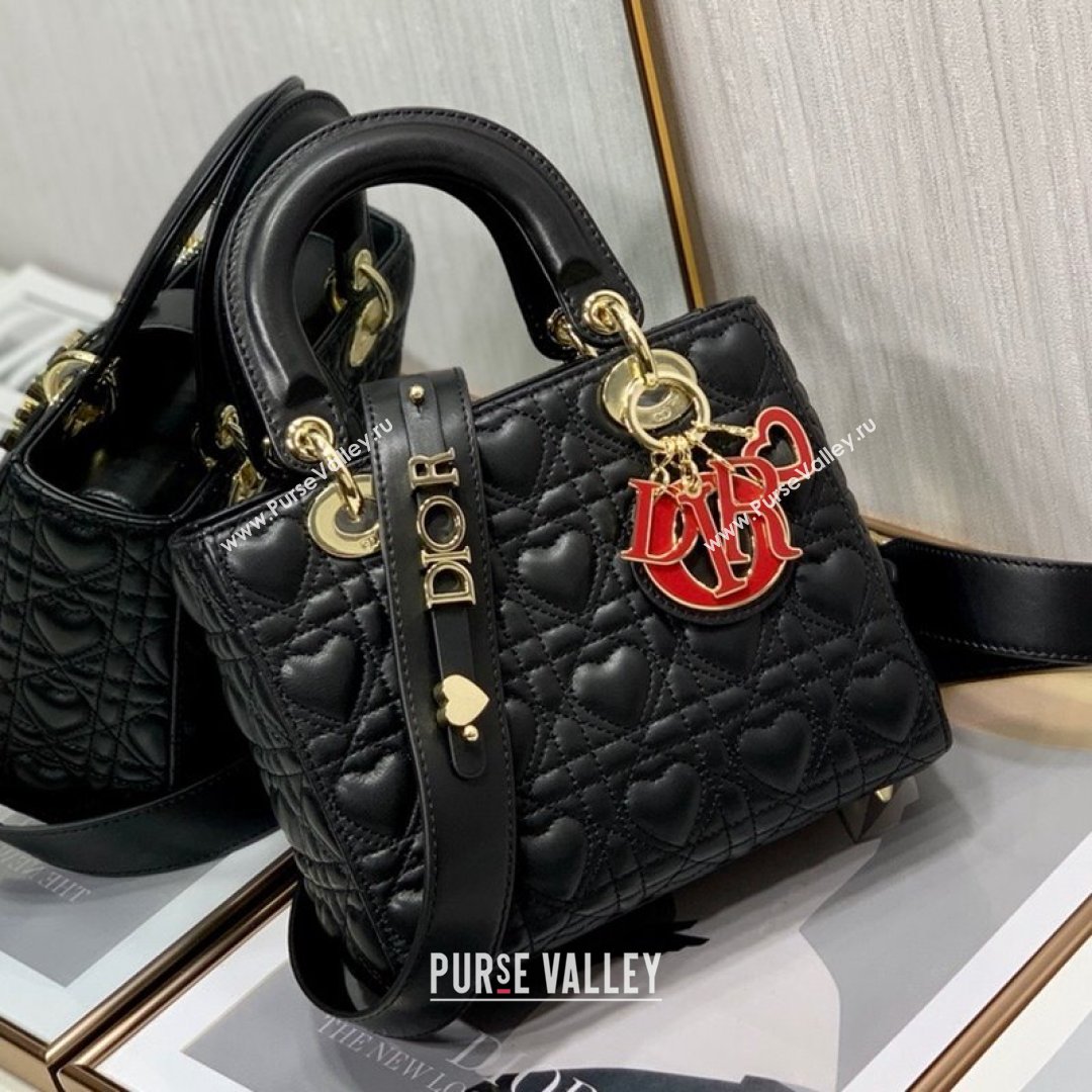 Dior Dioramour My ABCDior Lady Dior Small Bag in Black Cannage Lambskin with Heart Motif 2021 (XXG-21090746)
