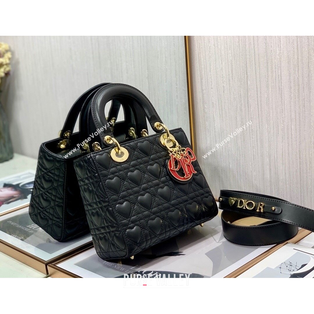 Dior Dioramour My ABCDior Lady Dior Small Bag in Black Cannage Lambskin with Heart Motif 2021 (XXG-21090746)