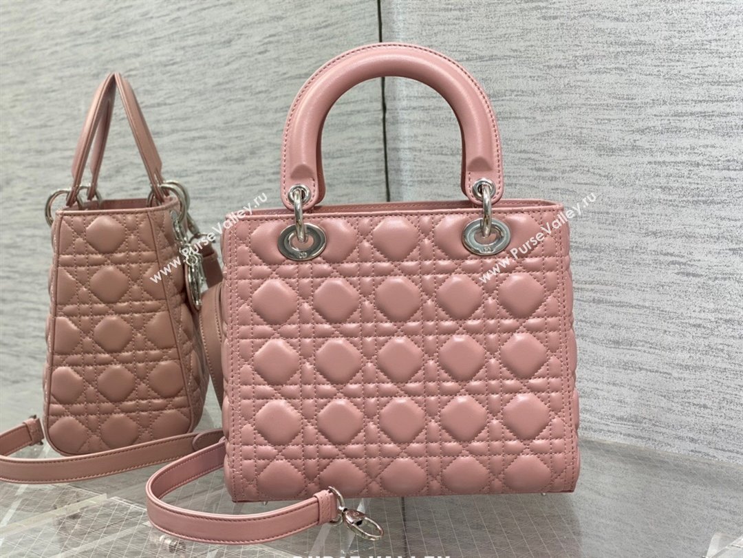 Dior Medium Lady Dior Bag in Cannage Lambskin 44532 Pink/Silver 2024 (DMZ-24041614)