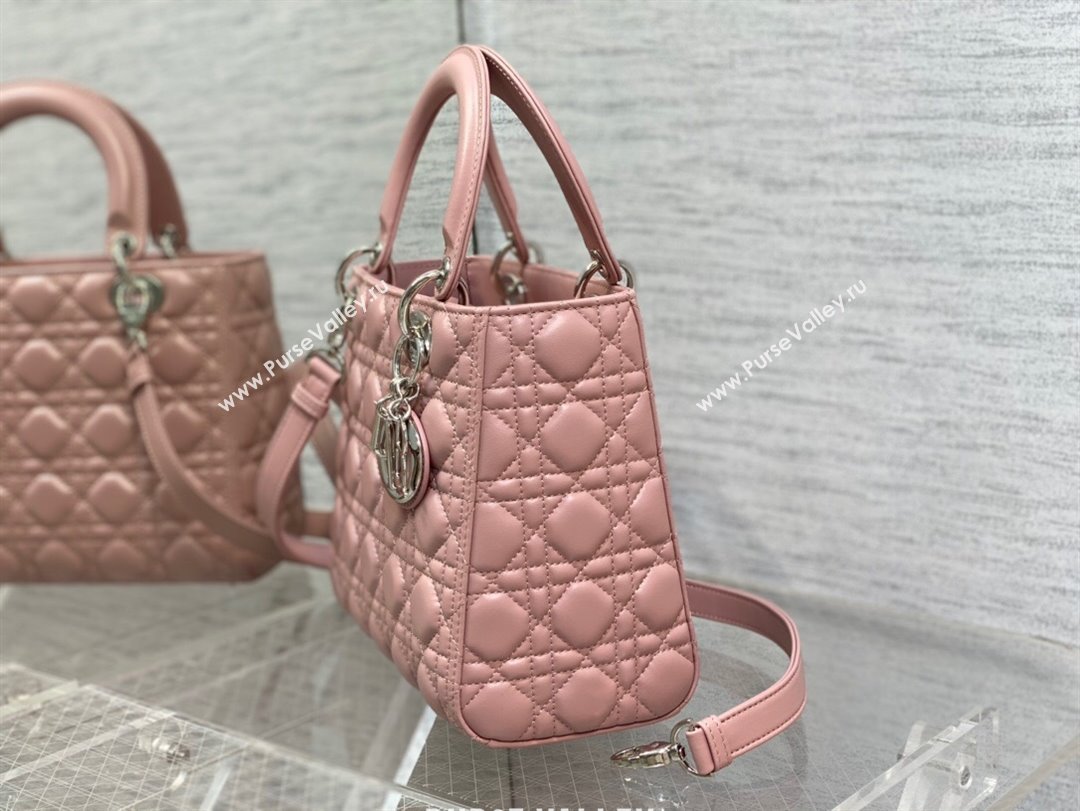 Dior Medium Lady Dior Bag in Cannage Lambskin 44532 Pink/Silver 2024 (DMZ-24041614)