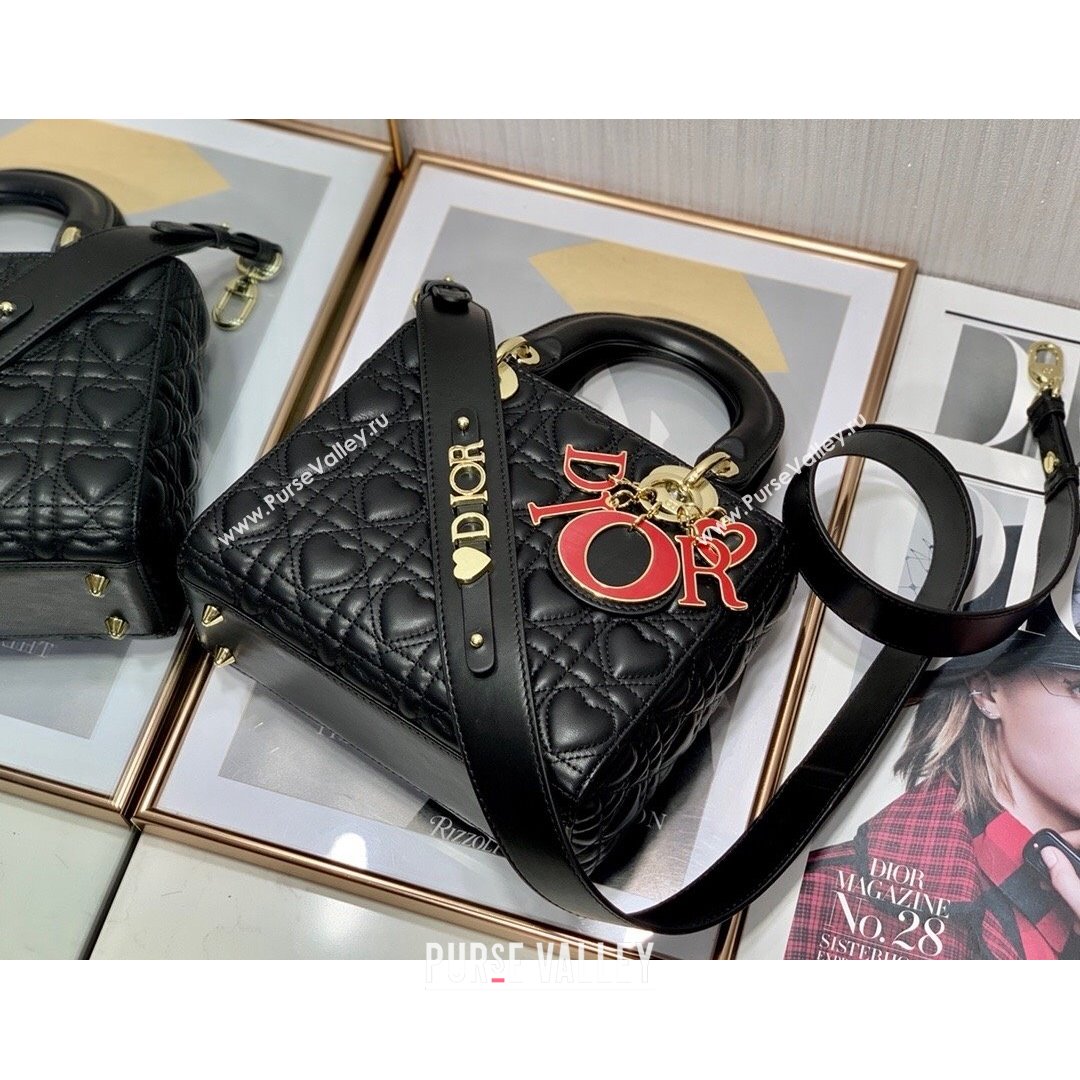 Dior Dioramour My ABCDior Lady Dior Small Bag in Black Cannage Lambskin with Heart Motif 2021 (XXG-21090746)