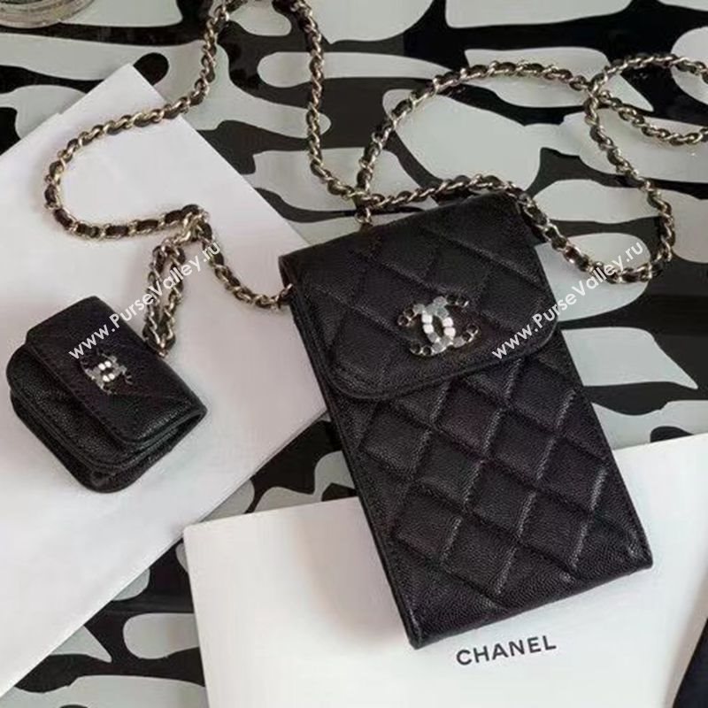 Chanel Quilted Grained Calfskin Phone Airpods Case with Chain AP2033 Black 2021 (JY-21031629)