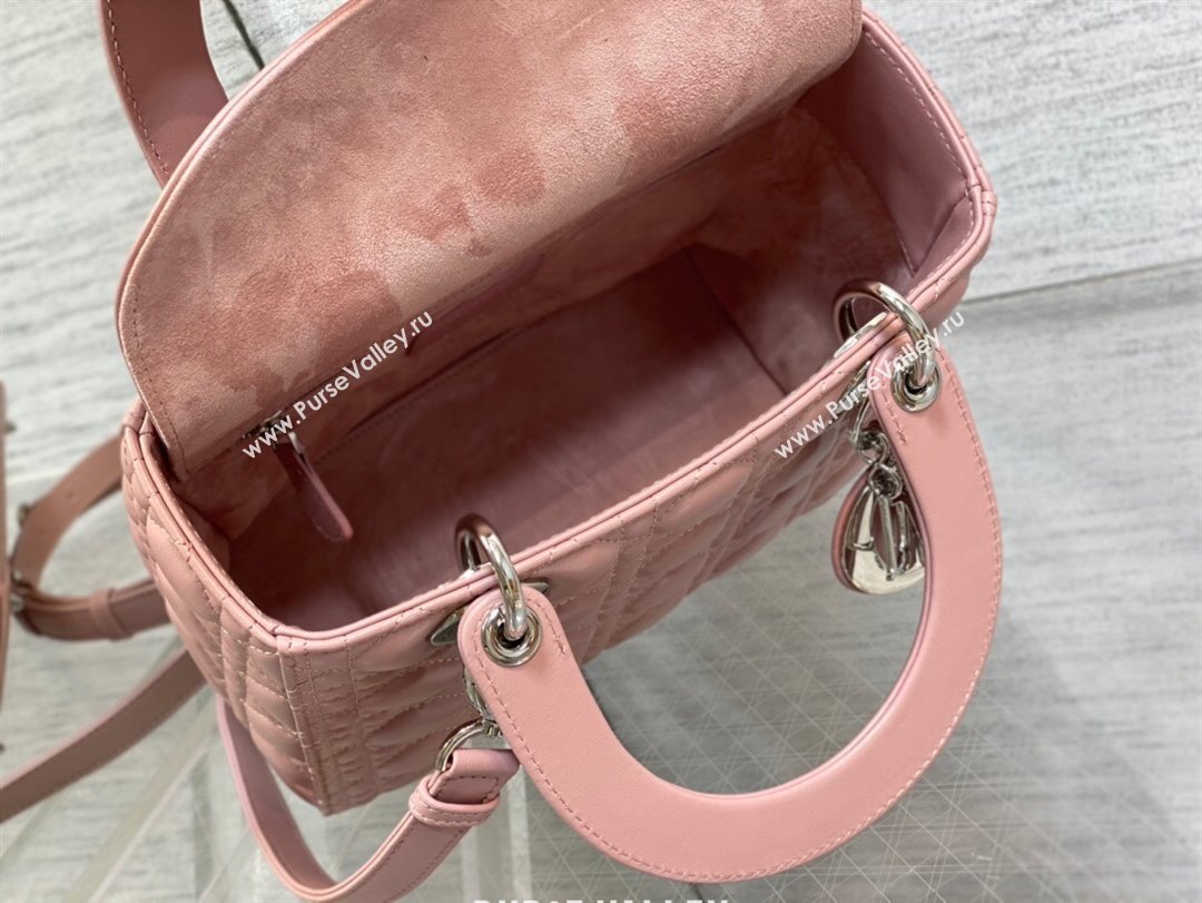 Dior Medium Lady Dior Bag in Cannage Lambskin 44532 Pink/Silver 2024 (DMZ-24041614)