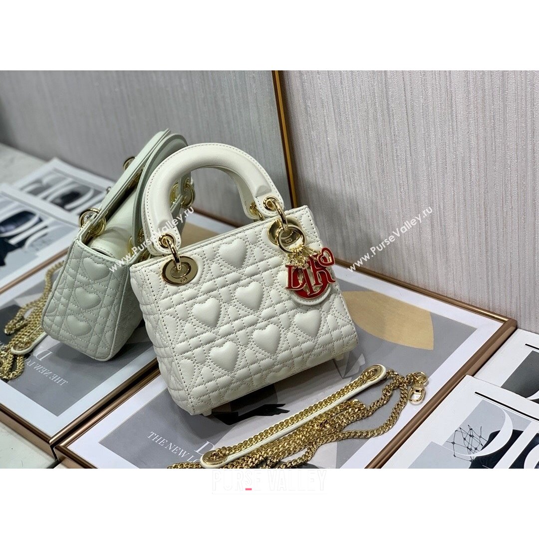 Dior Dioramour My ABCDior Lady Dior Mini Bag in White Cannage Lambskin with Heart Motif 2021 (XXG-21090749)