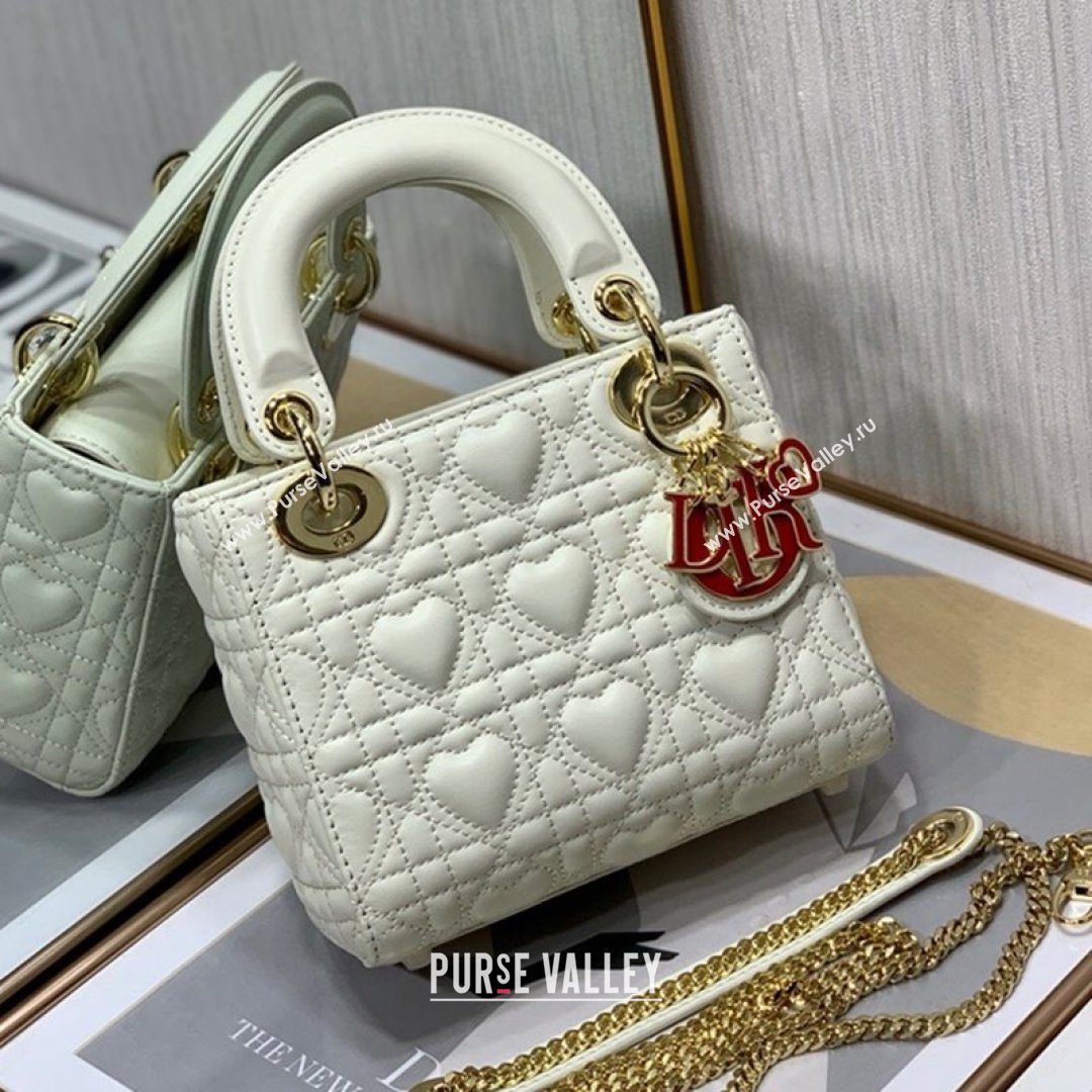 Dior Dioramour My ABCDior Lady Dior Mini Bag in White Cannage Lambskin with Heart Motif 2021 (XXG-21090749)