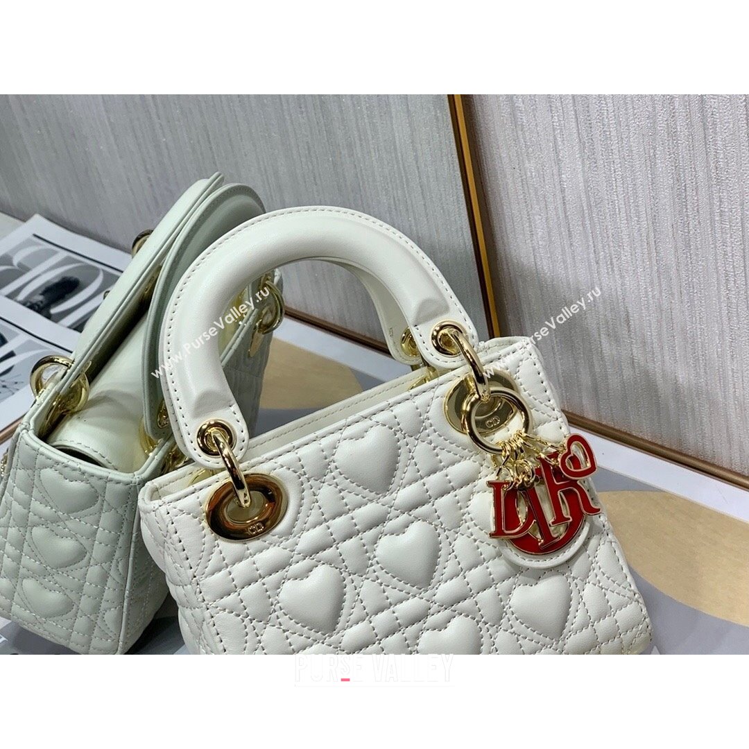 Dior Dioramour My ABCDior Lady Dior Mini Bag in White Cannage Lambskin with Heart Motif 2021 (XXG-21090749)