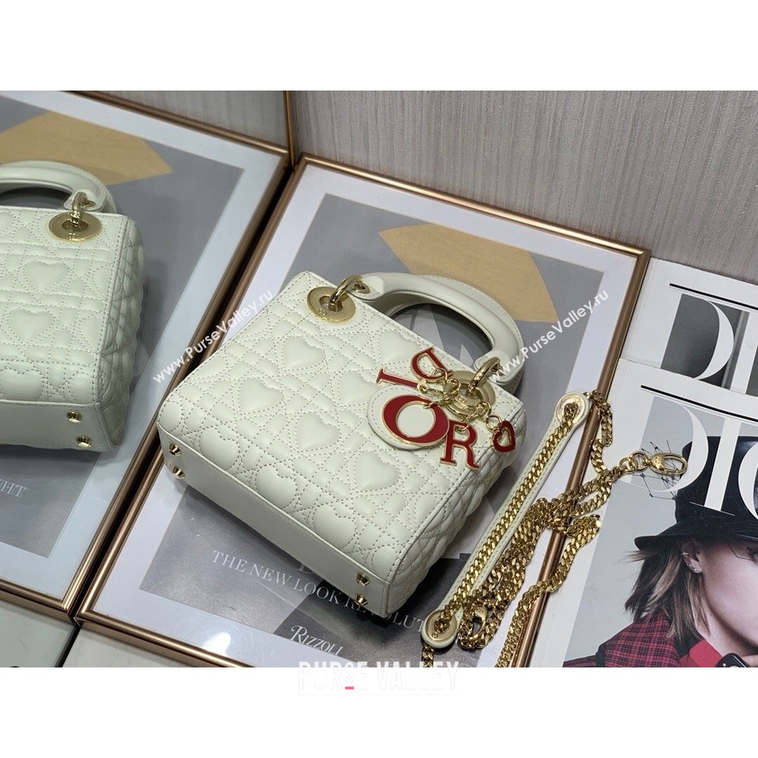 Dior Dioramour My ABCDior Lady Dior Mini Bag in White Cannage Lambskin with Heart Motif 2021 (XXG-21090749)