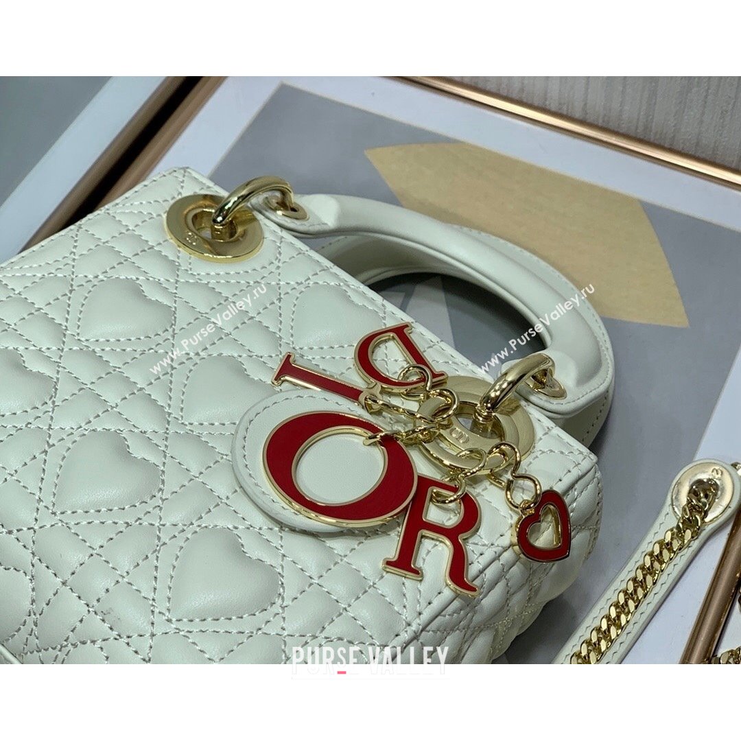 Dior Dioramour My ABCDior Lady Dior Mini Bag in White Cannage Lambskin with Heart Motif 2021 (XXG-21090749)