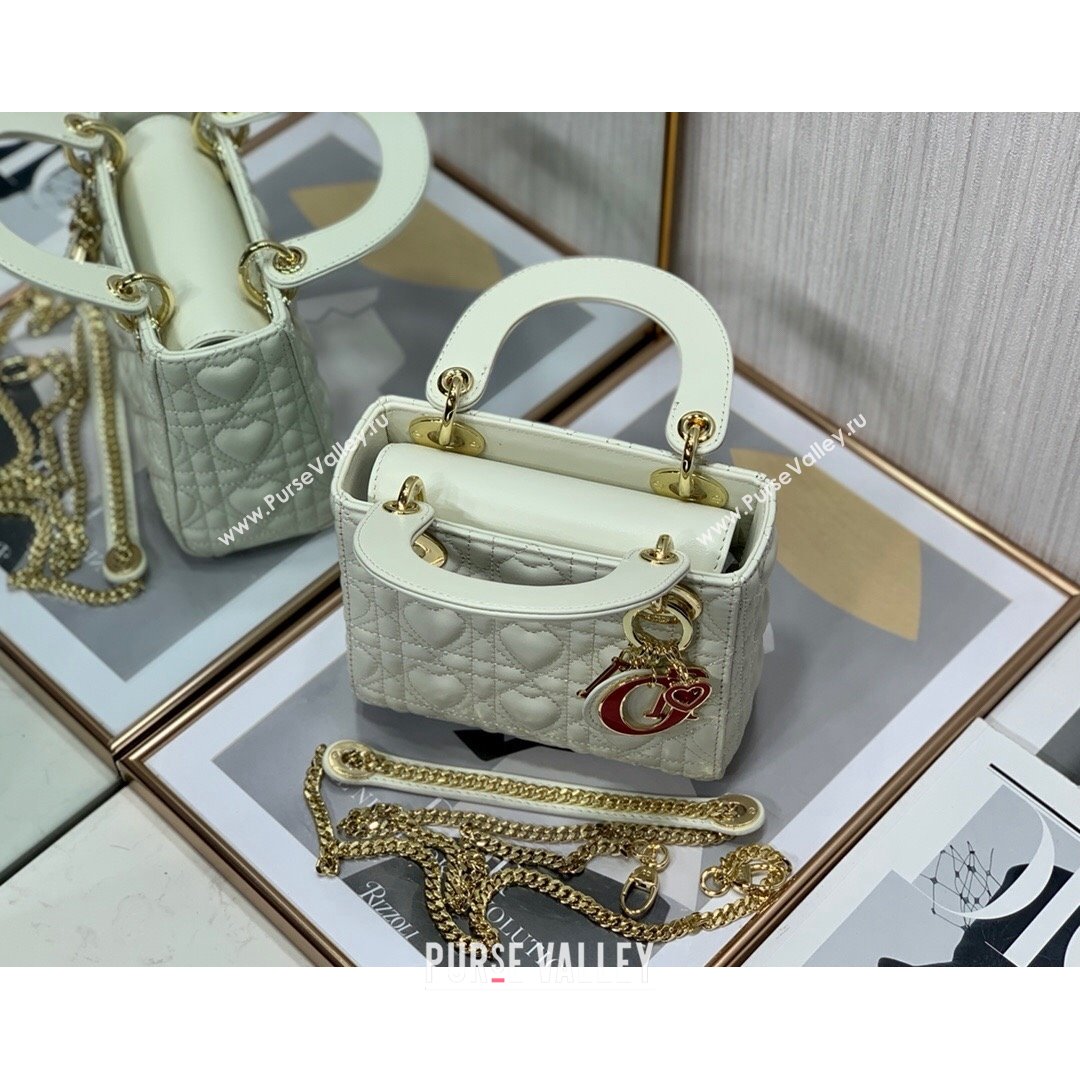 Dior Dioramour My ABCDior Lady Dior Mini Bag in White Cannage Lambskin with Heart Motif 2021 (XXG-21090749)