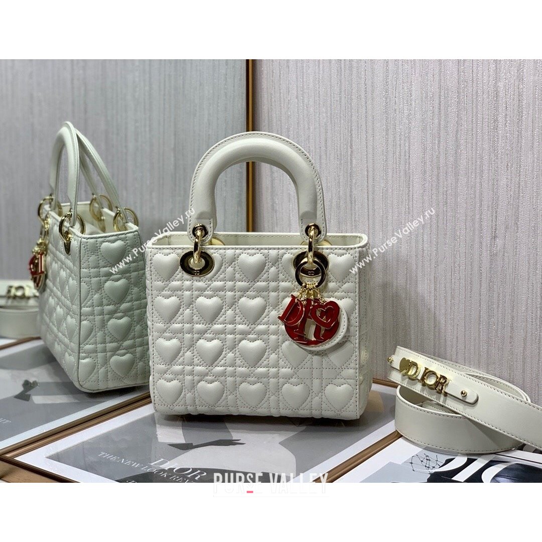 Dior Dioramour My ABCDior Lady Dior Small Bag in White Cannage Lambskin with Heart Motif 2021 (XXG-21090748)