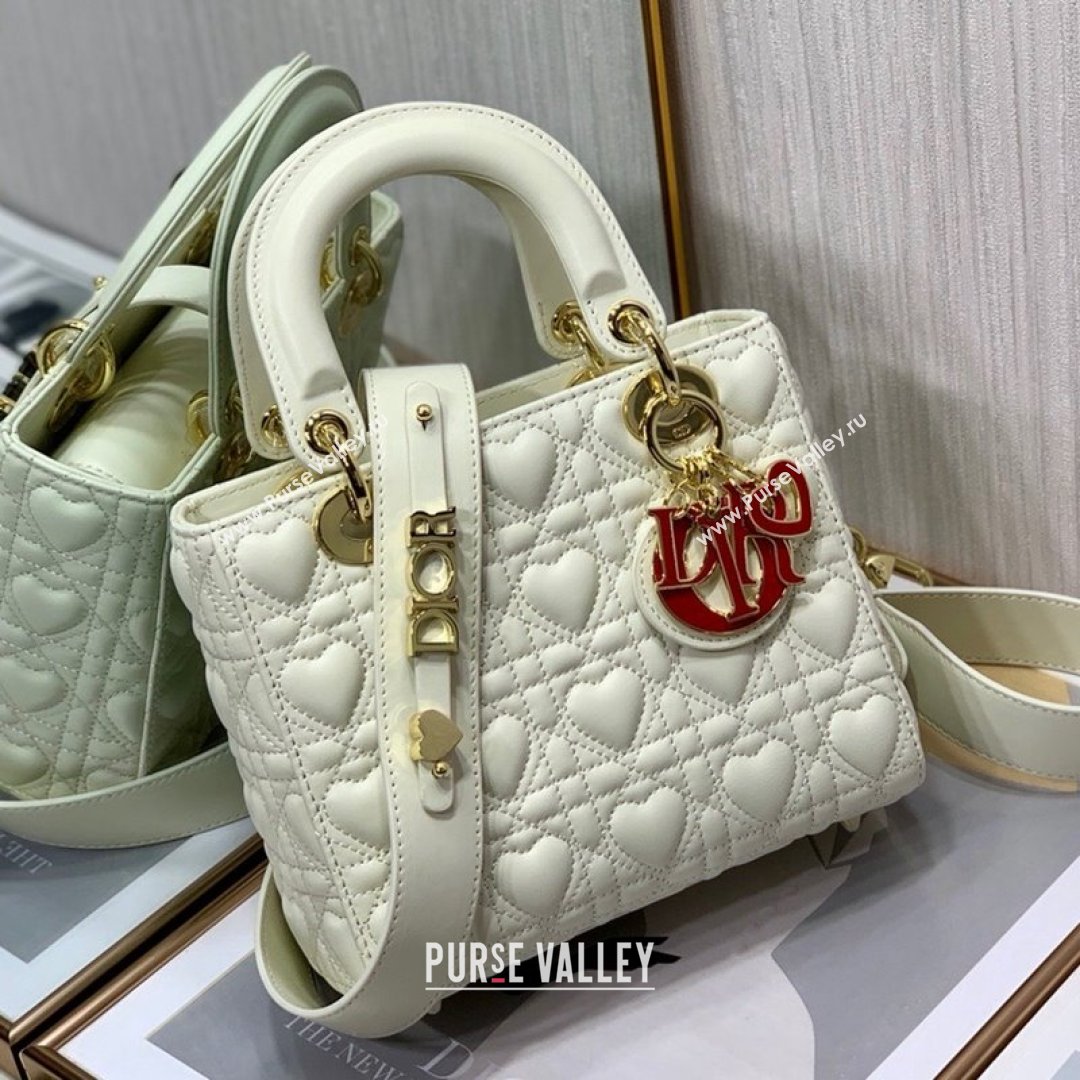 Dior Dioramour My ABCDior Lady Dior Small Bag in White Cannage Lambskin with Heart Motif 2021 (XXG-21090748)