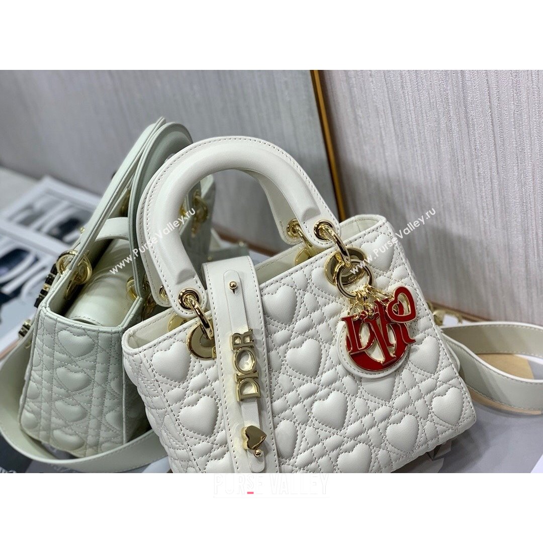 Dior Dioramour My ABCDior Lady Dior Small Bag in White Cannage Lambskin with Heart Motif 2021 (XXG-21090748)