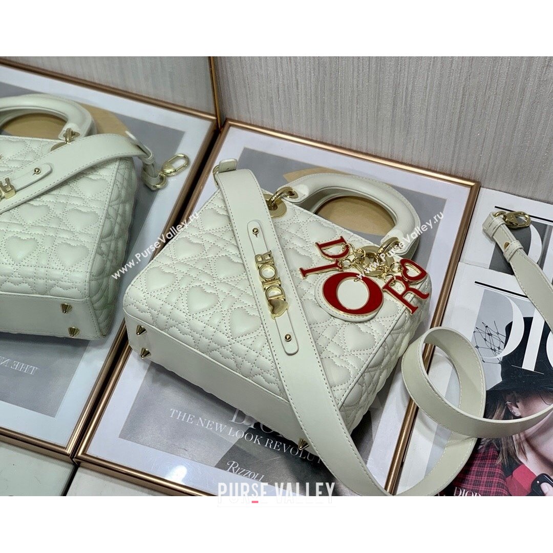 Dior Dioramour My ABCDior Lady Dior Small Bag in White Cannage Lambskin with Heart Motif 2021 (XXG-21090748)