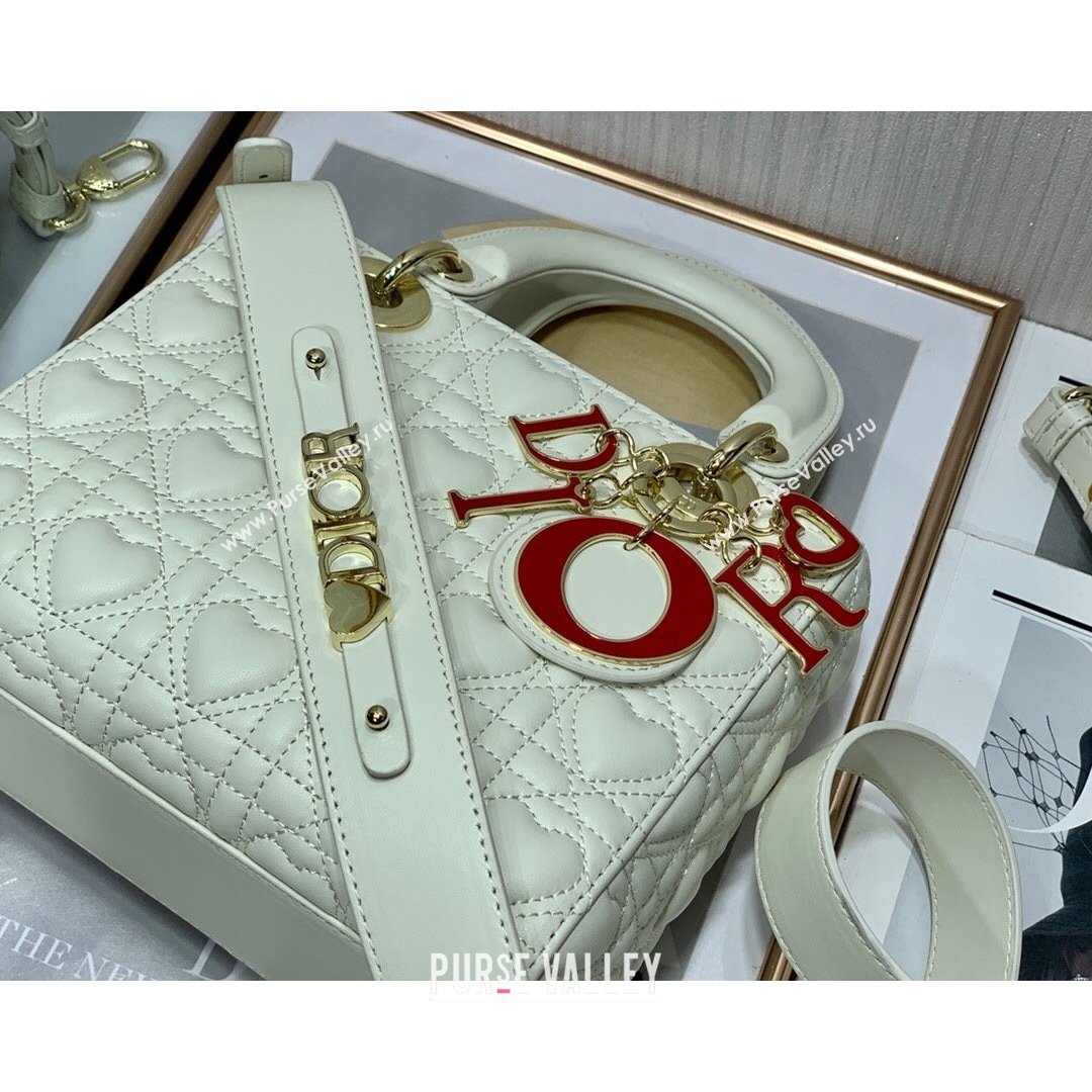 Dior Dioramour My ABCDior Lady Dior Small Bag in White Cannage Lambskin with Heart Motif 2021 (XXG-21090748)