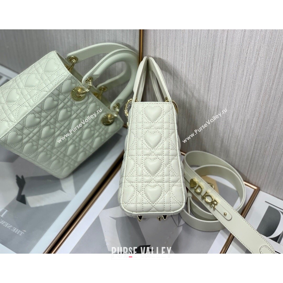Dior Dioramour My ABCDior Lady Dior Small Bag in White Cannage Lambskin with Heart Motif 2021 (XXG-21090748)