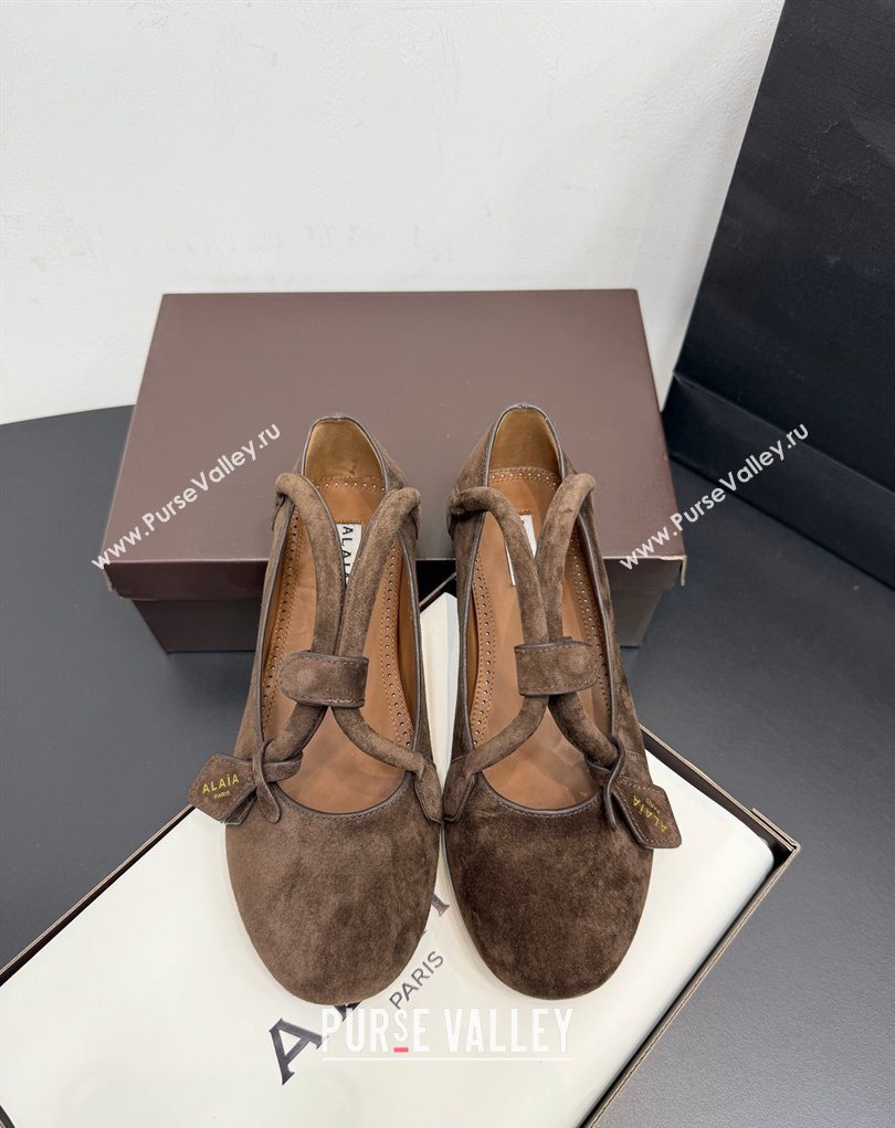 Alaia Architectura Ballet Flats in Suede with Strap Dark Brown 2025 AL020701 (KER-260207044)