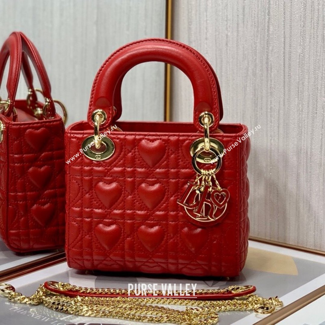 Dior Dioramour My ABCDior Lady Dior Mini Bag in Red Cannage Lambskin with Heart Motif 2021 (XXG-21090751)