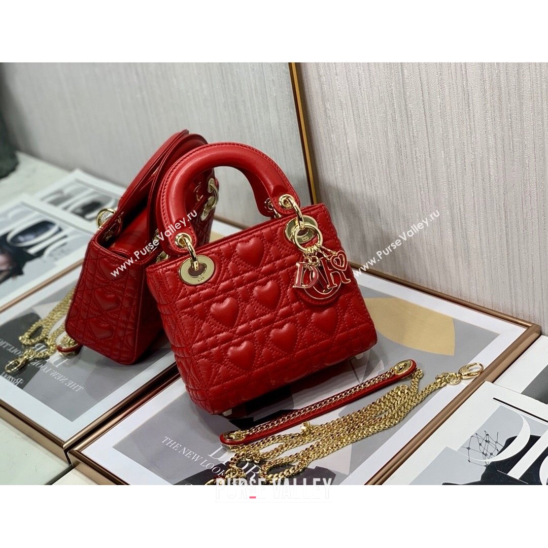 Dior Dioramour My ABCDior Lady Dior Mini Bag in Red Cannage Lambskin with Heart Motif 2021 (XXG-21090751)