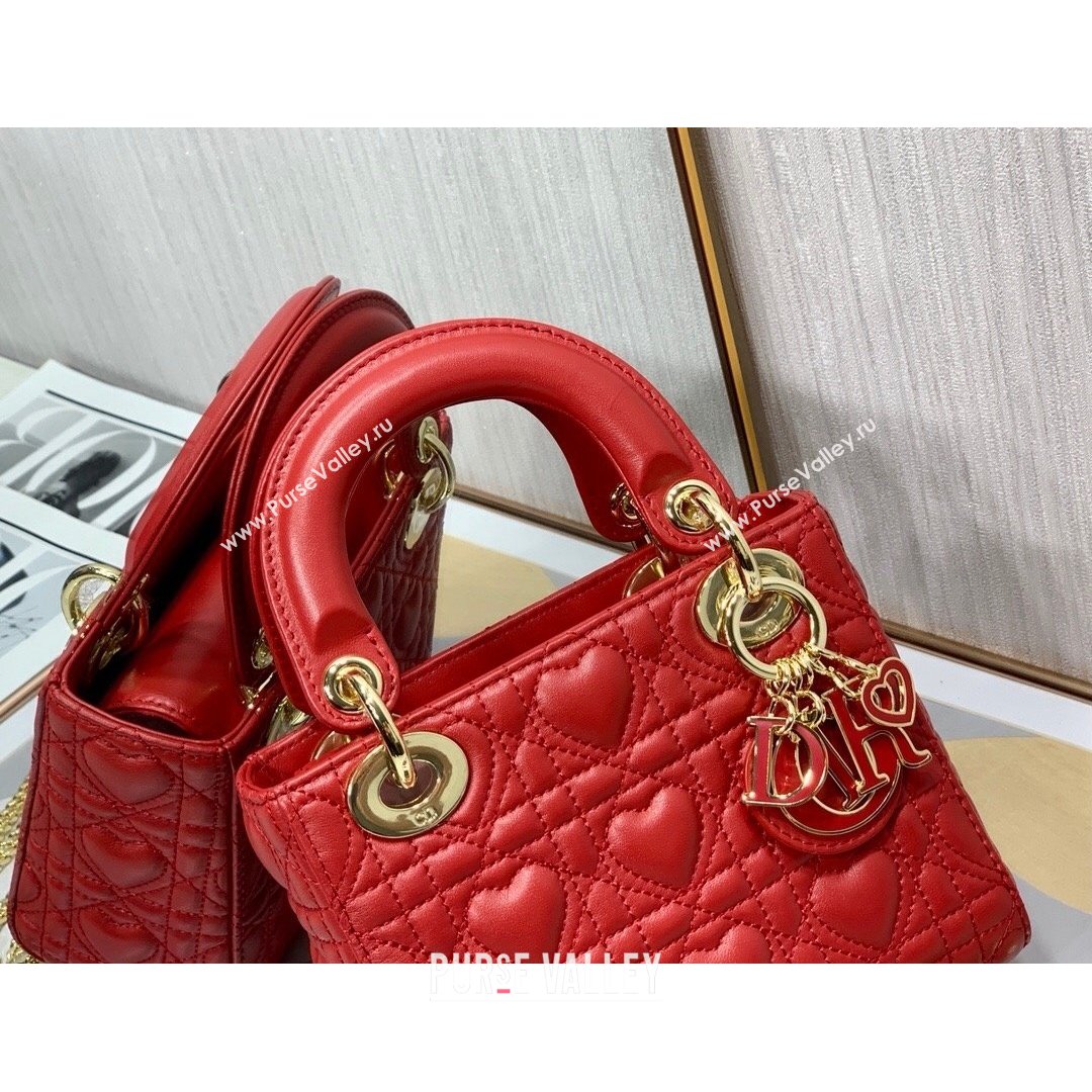 Dior Dioramour My ABCDior Lady Dior Mini Bag in Red Cannage Lambskin with Heart Motif 2021 (XXG-21090751)