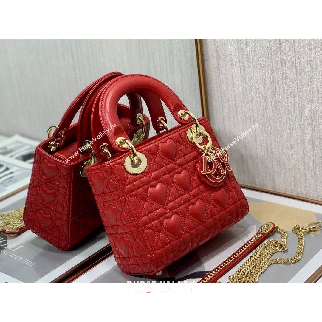 Dior Dioramour My ABCDior Lady Dior Mini Bag in Red Cannage Lambskin with Heart Motif 2021 (XXG-21090751)