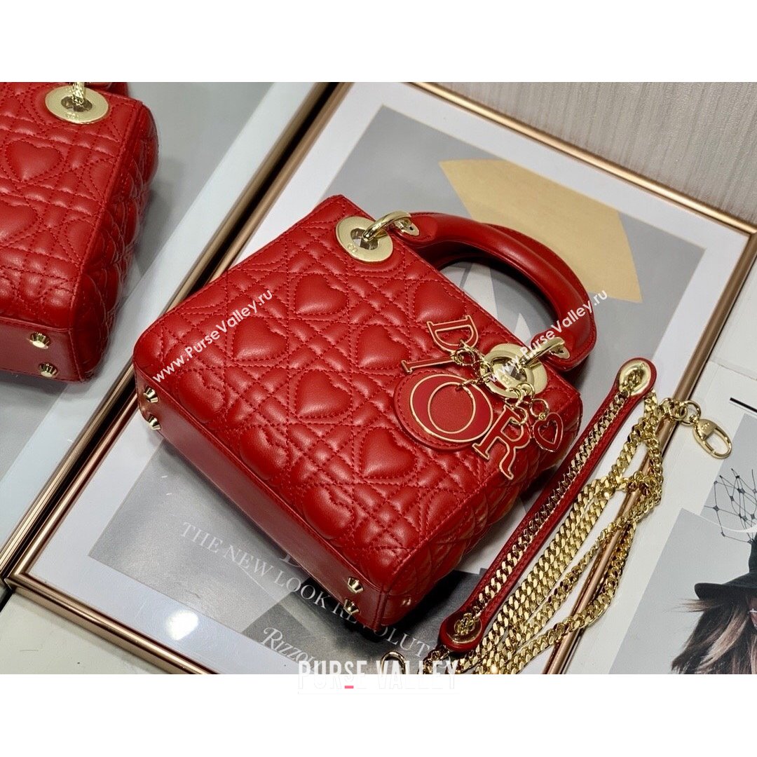 Dior Dioramour My ABCDior Lady Dior Mini Bag in Red Cannage Lambskin with Heart Motif 2021 (XXG-21090751)