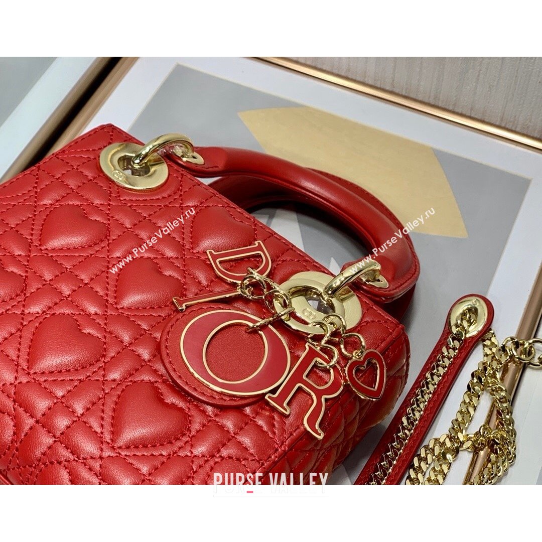 Dior Dioramour My ABCDior Lady Dior Mini Bag in Red Cannage Lambskin with Heart Motif 2021 (XXG-21090751)