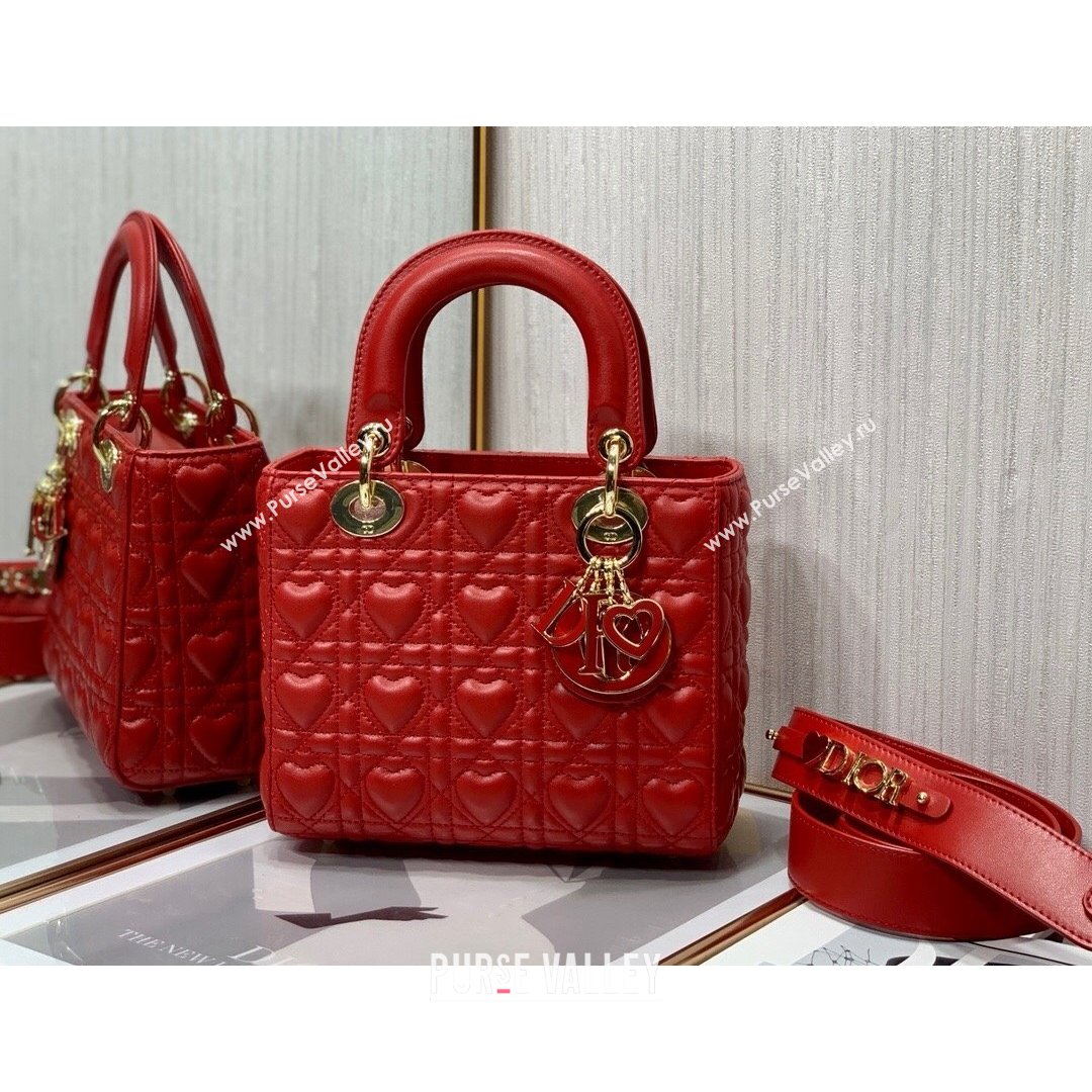 Dior Dioramour My ABCDior Lady Dior Small Bag in Red Cannage Lambskin with Heart Motif 2021 (XXG-21090750)