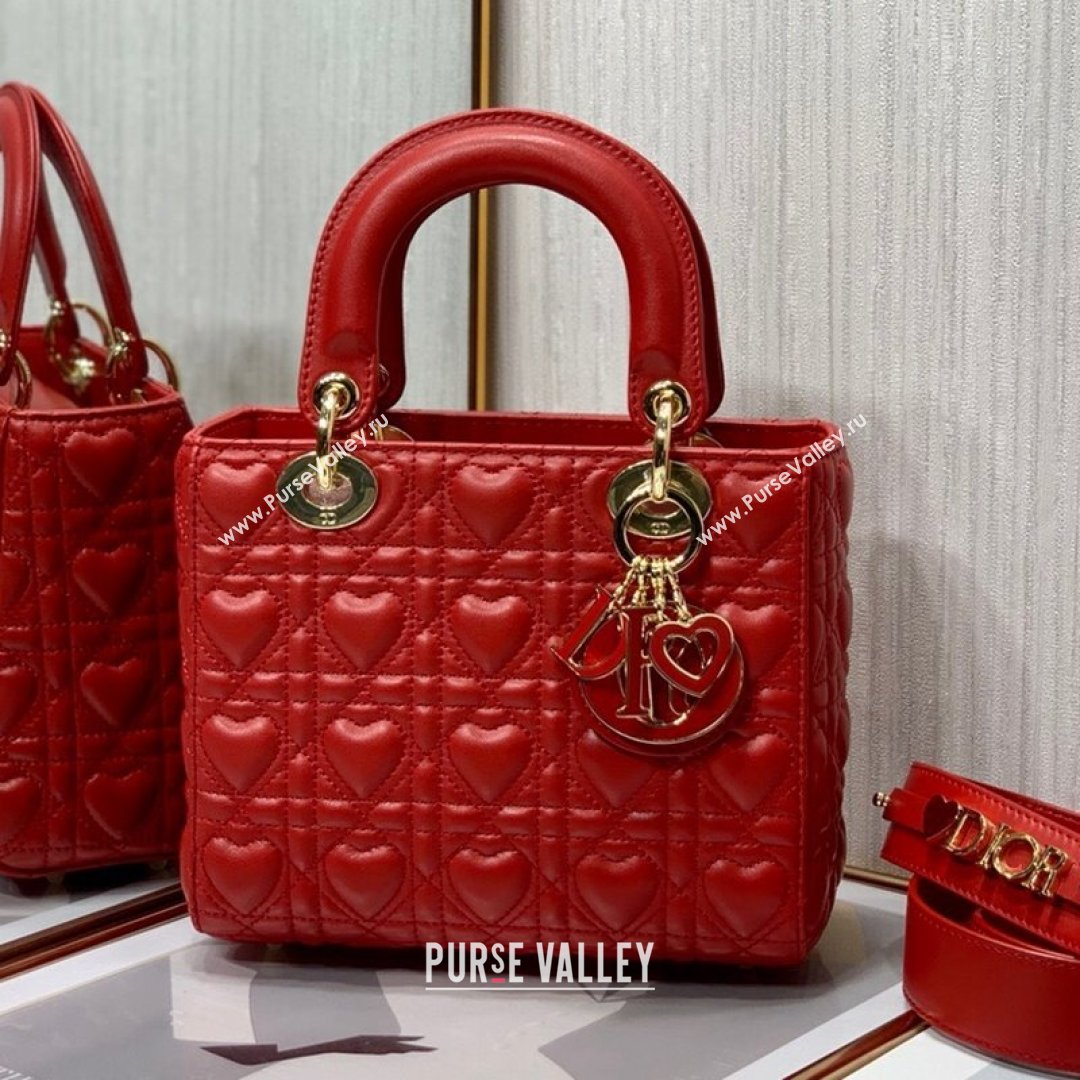 Dior Dioramour My ABCDior Lady Dior Small Bag in Red Cannage Lambskin with Heart Motif 2021 (XXG-21090750)