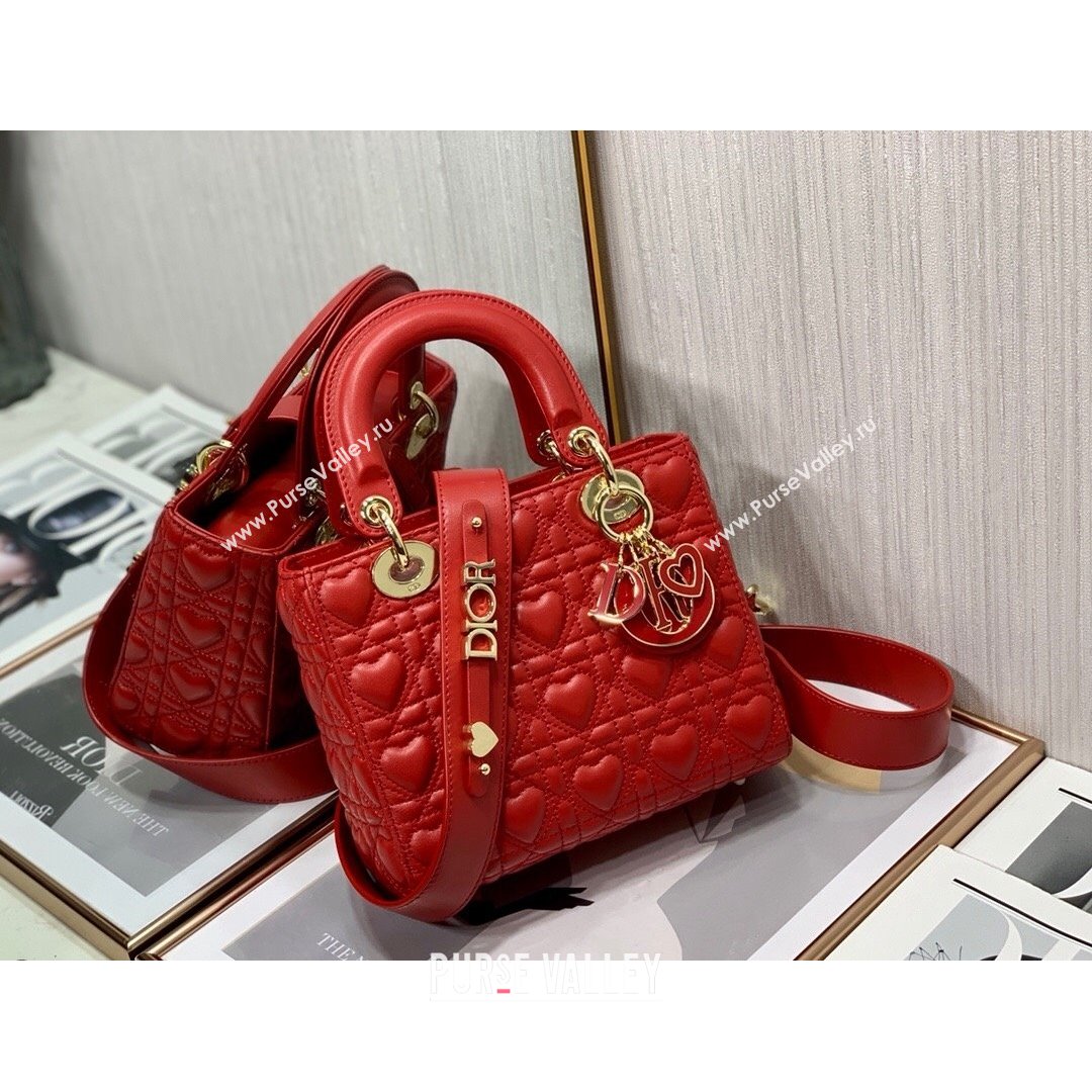 Dior Dioramour My ABCDior Lady Dior Small Bag in Red Cannage Lambskin with Heart Motif 2021 (XXG-21090750)