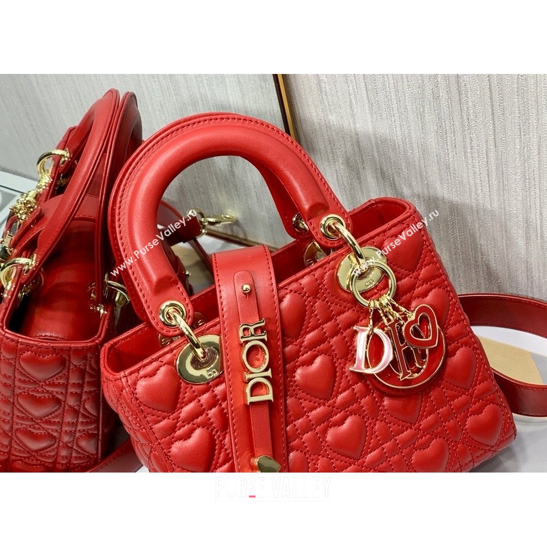 Dior Dioramour My ABCDior Lady Dior Small Bag in Red Cannage Lambskin with Heart Motif 2021 (XXG-21090750)