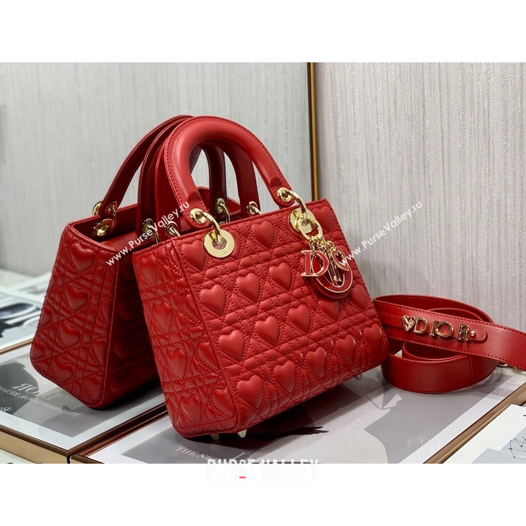 Dior Dioramour My ABCDior Lady Dior Small Bag in Red Cannage Lambskin with Heart Motif 2021 (XXG-21090750)