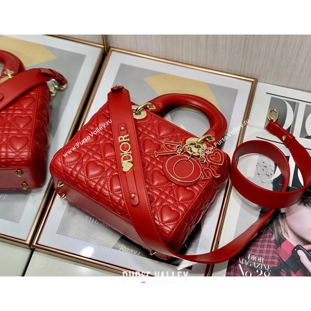 Dior Dioramour My ABCDior Lady Dior Small Bag in Red Cannage Lambskin with Heart Motif 2021 (XXG-21090750)