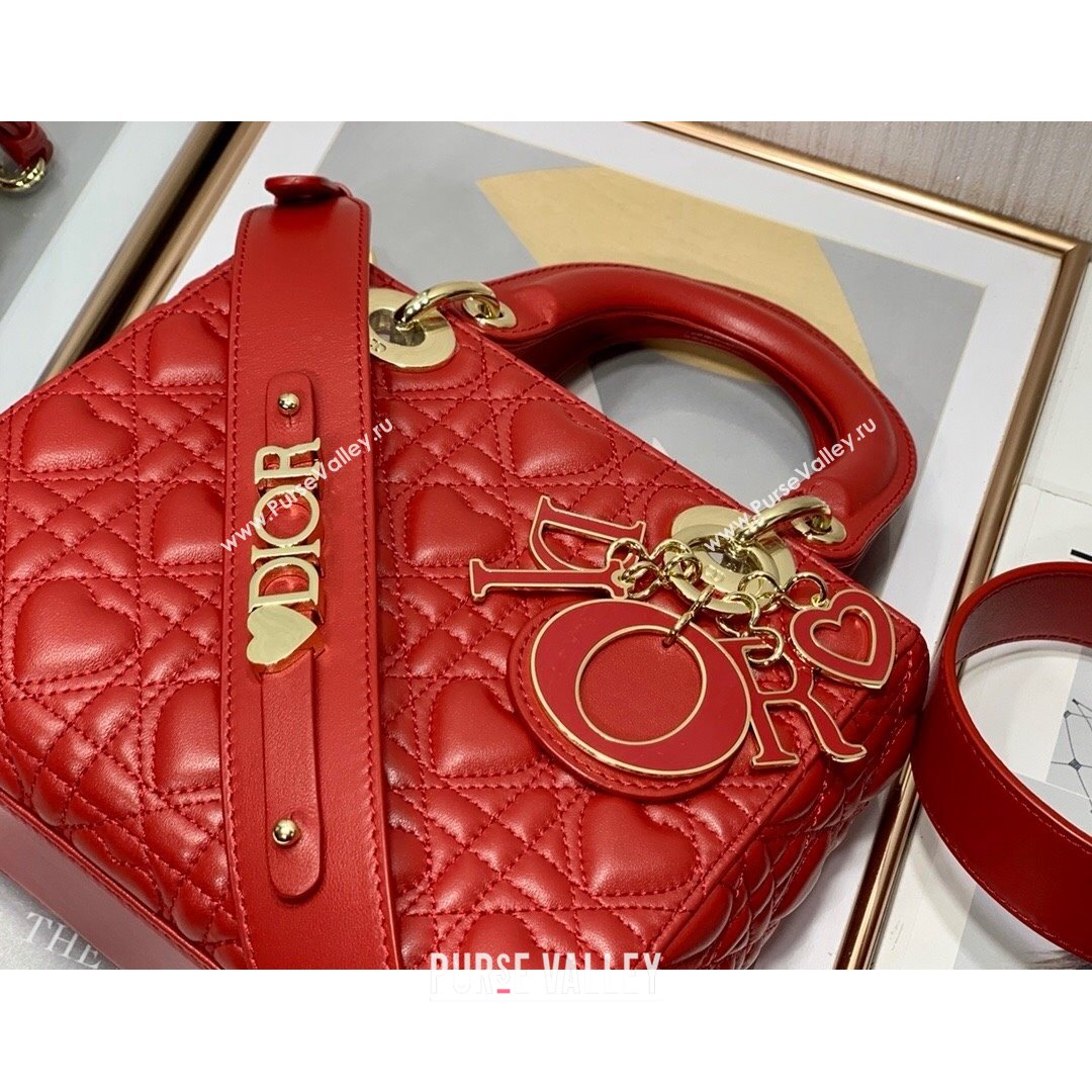 Dior Dioramour My ABCDior Lady Dior Small Bag in Red Cannage Lambskin with Heart Motif 2021 (XXG-21090750)