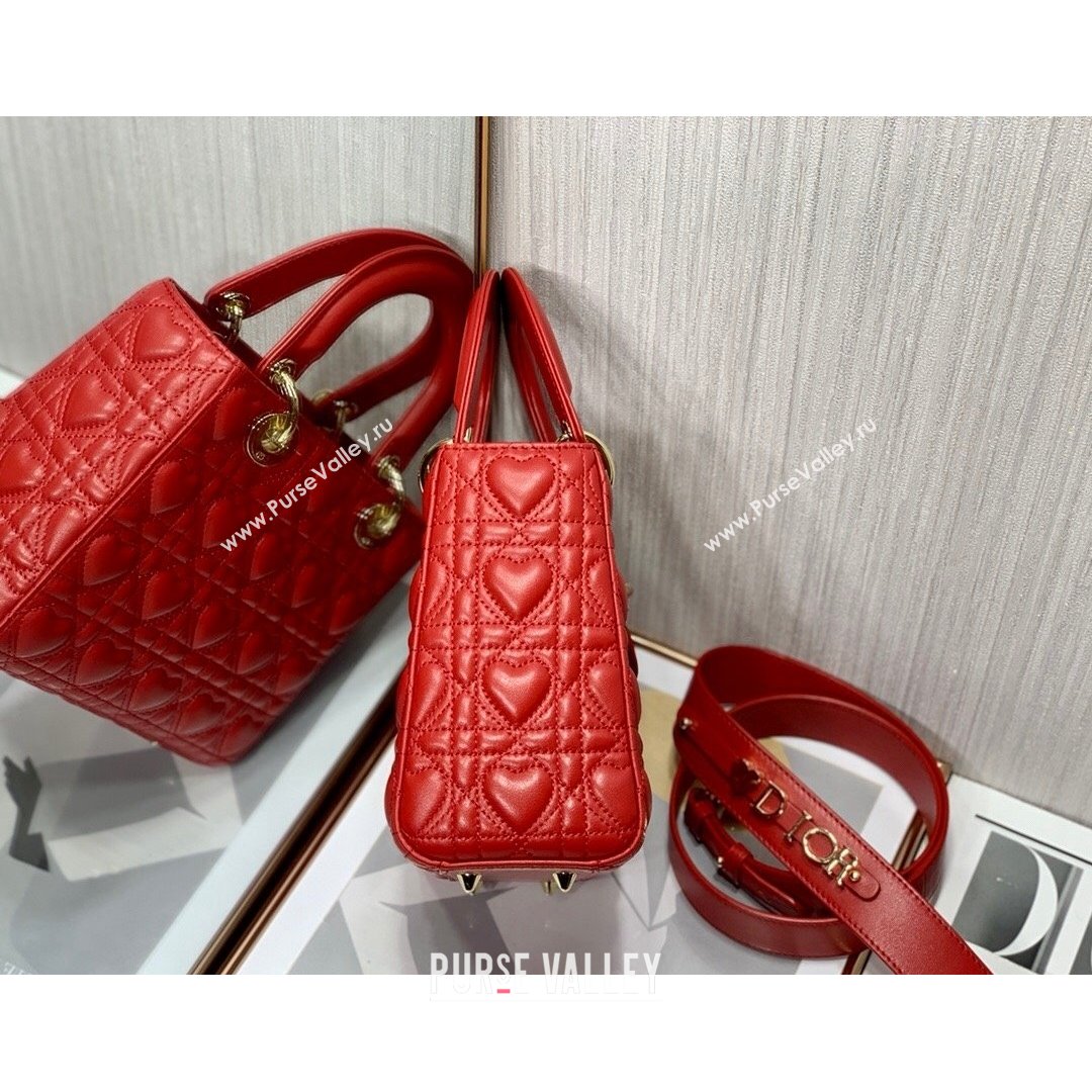Dior Dioramour My ABCDior Lady Dior Small Bag in Red Cannage Lambskin with Heart Motif 2021 (XXG-21090750)