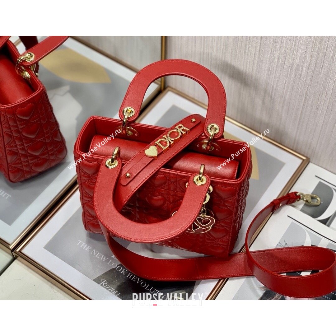 Dior Dioramour My ABCDior Lady Dior Small Bag in Red Cannage Lambskin with Heart Motif 2021 (XXG-21090750)