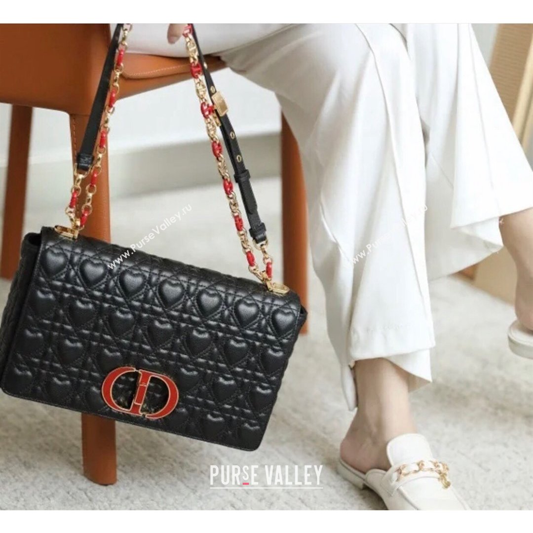 Dior Medium Dioramour Caro Bag in Black Cannage Calfskin with Heart Motif 2021 (XXG-21090806)