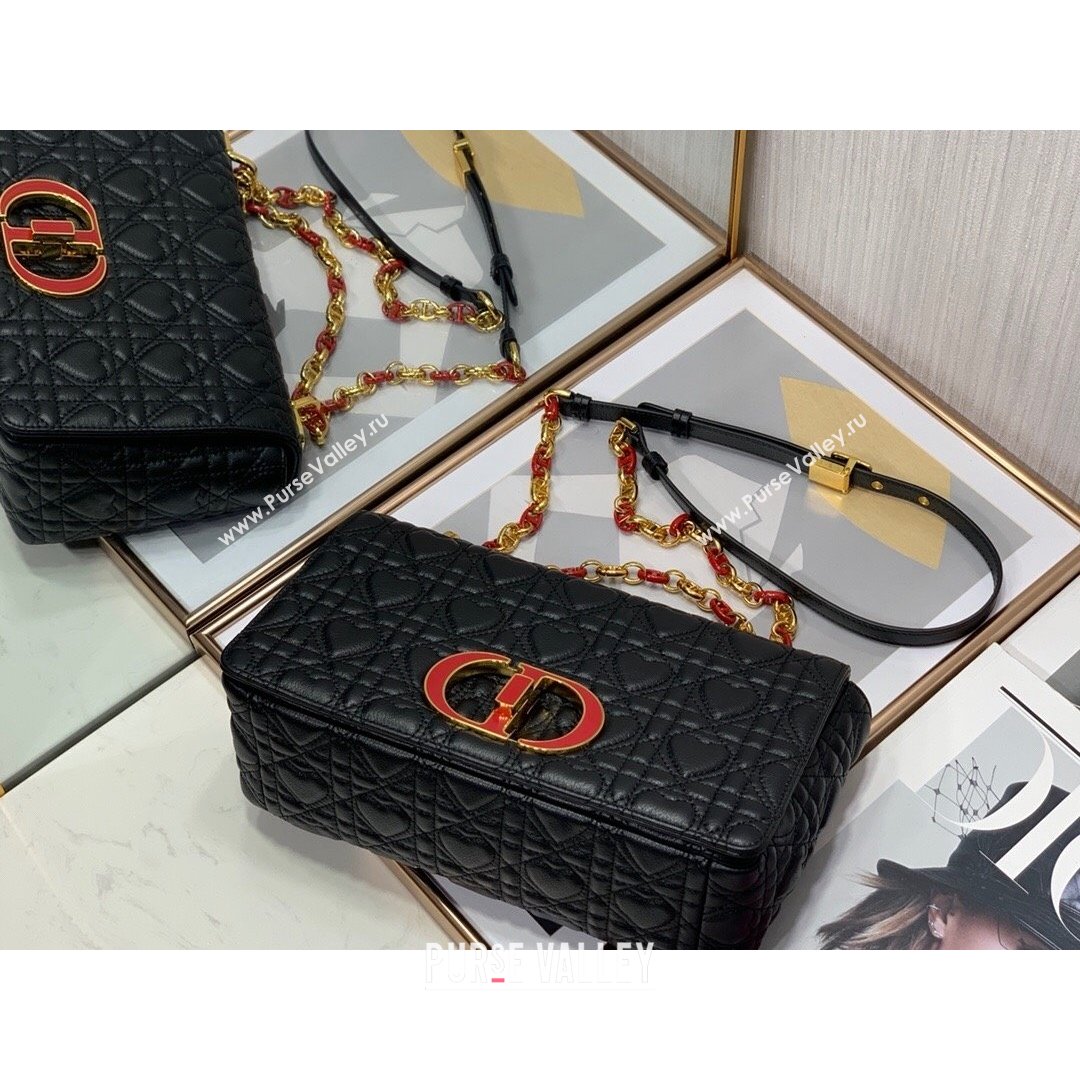 Dior Medium Dioramour Caro Bag in Black Cannage Calfskin with Heart Motif 2021 (XXG-21090806)