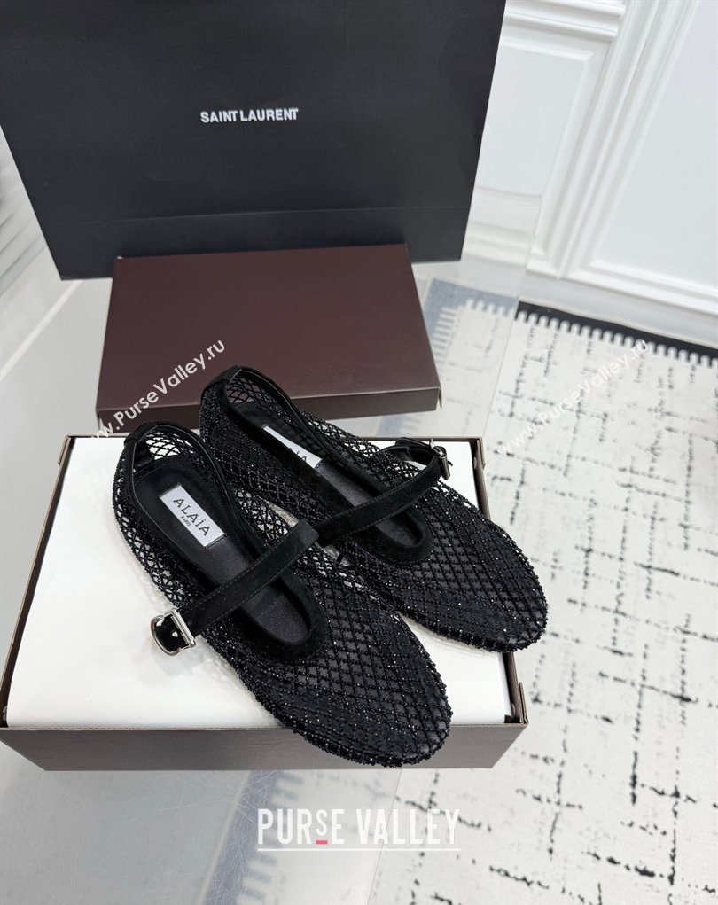 Alaia Ballet Flats in Fishnet and Suede with Strass White 2025 AL020702 (KER-260207049)
