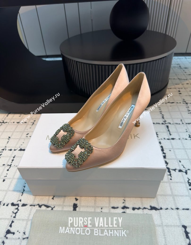 Manolo Blahnik Hangisi Satin Pumps 7cm with Strass Buckle Nude 2024 1225 (KL-241225007)