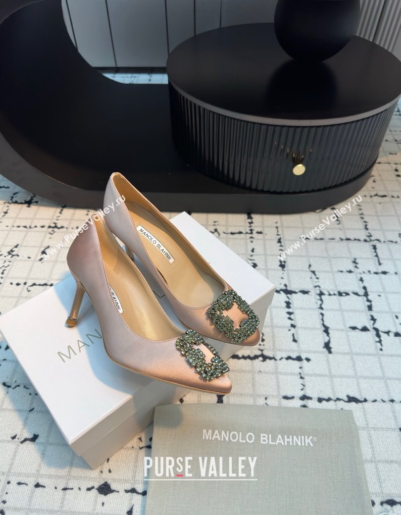 Manolo Blahnik Hangisi Satin Pumps 7cm with Strass Buckle Nude 2024 1225 (KL-241225007)