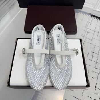 Alaia Ballet Flats in Fishnet and Suede with Strass White 2025 AL020702 (KER-260207049)