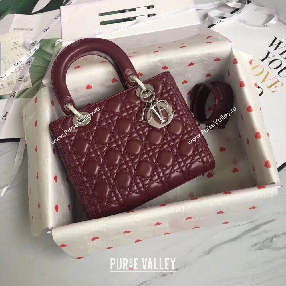 Dior Medium Lady Dior Bag in Cannage Lambskin 44532 Burgundy/Silver 2024 (DMZ-24041620)