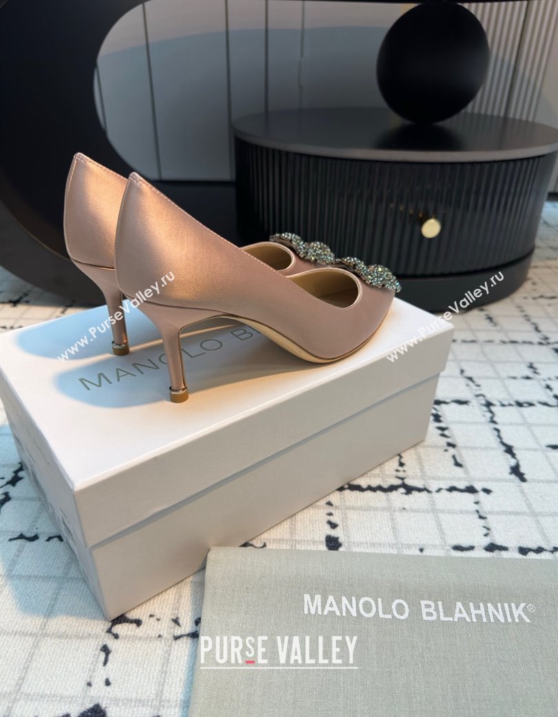 Manolo Blahnik Hangisi Satin Pumps 7cm with Strass Buckle Nude 2024 1225 (KL-241225007)