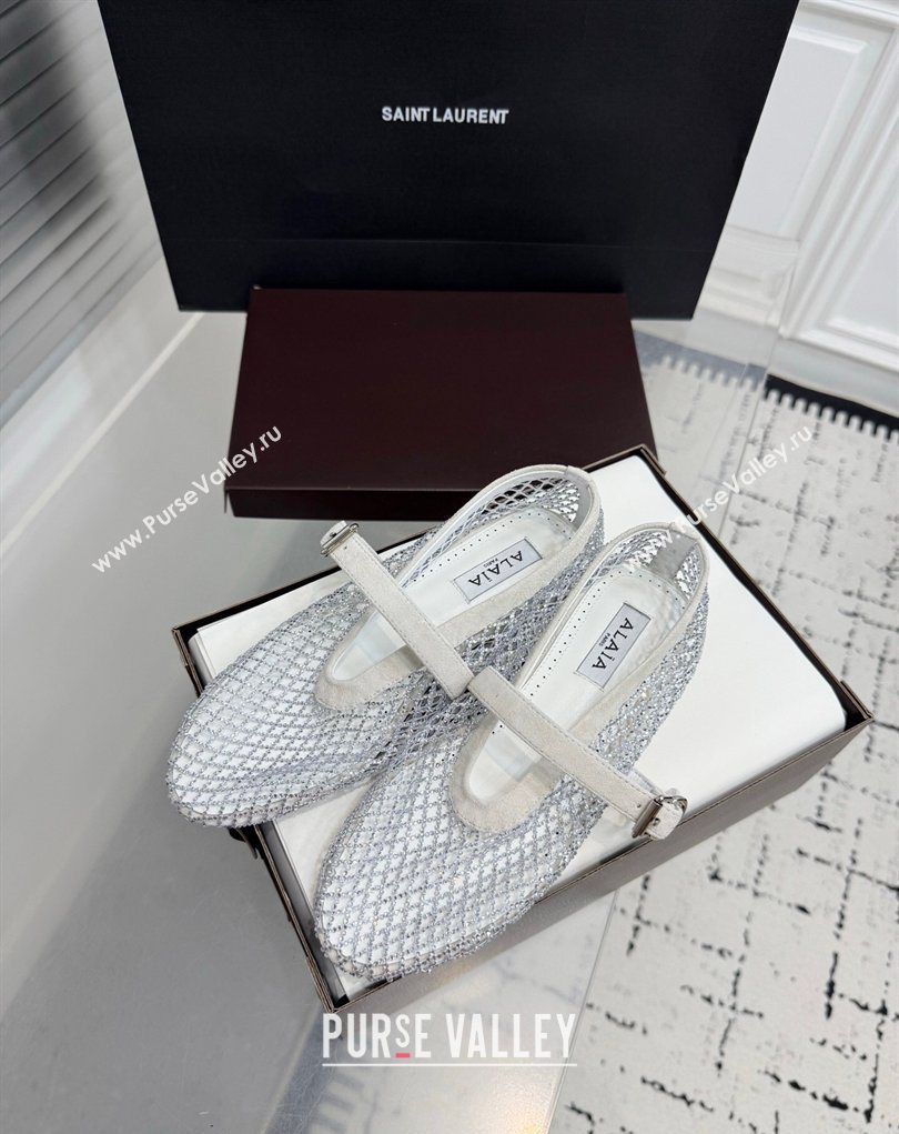Alaia Ballet Flats in Fishnet and Suede with Strass White 2025 AL020702 (KER-260207049)