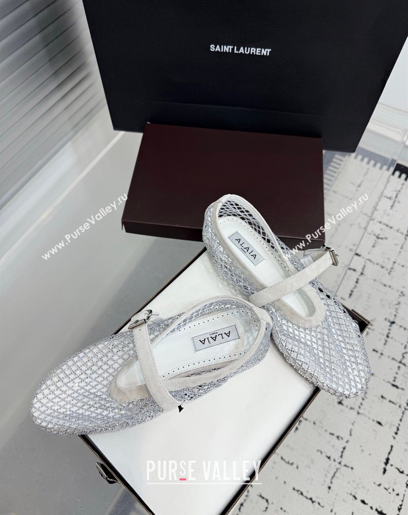 Alaia Ballet Flats in Fishnet and Suede with Strass White 2025 AL020702 (KER-260207049)