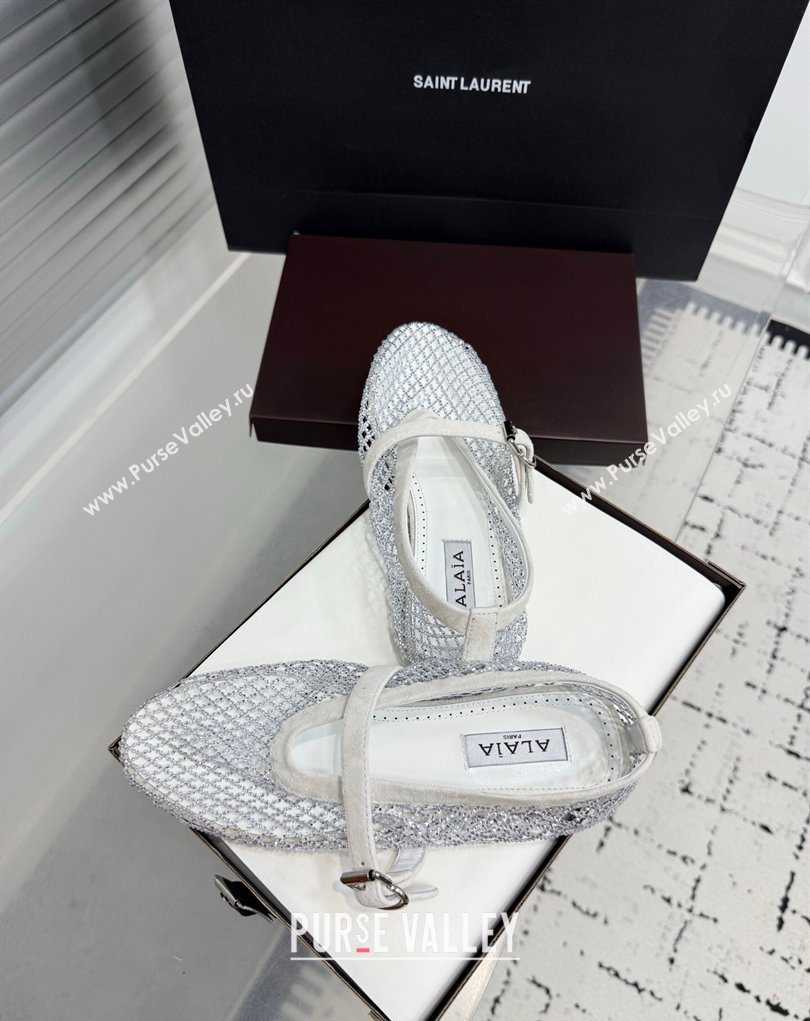 Alaia Ballet Flats in Fishnet and Suede with Strass White 2025 AL020702 (KER-260207049)