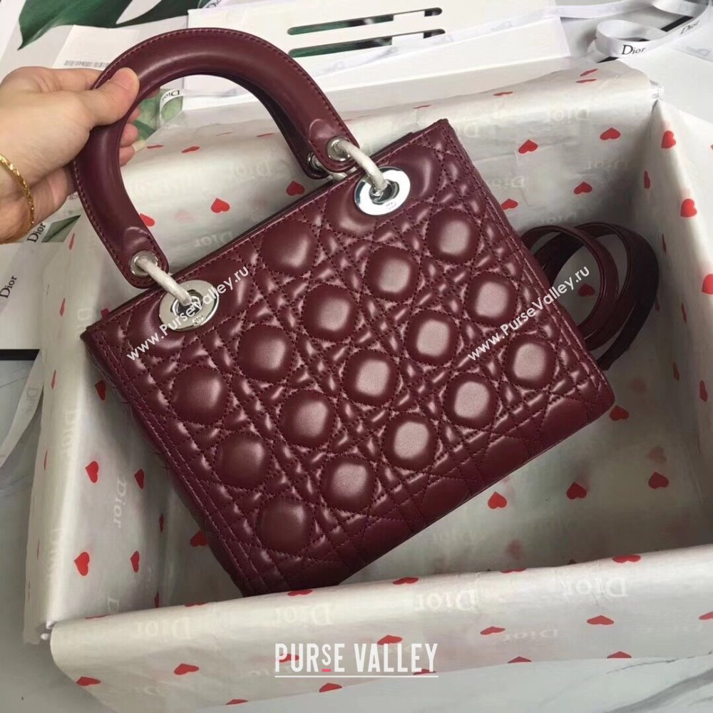 Dior Medium Lady Dior Bag in Cannage Lambskin 44532 Burgundy/Silver 2024 (DMZ-24041620)