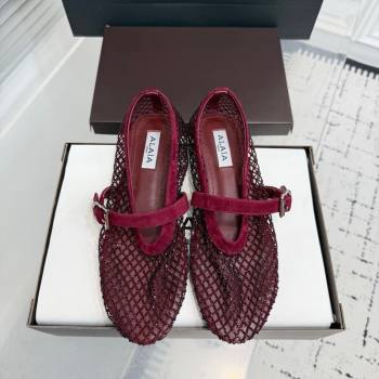 Alaia Ballet Flats in Fishnet and Suede with Strass Burgundy 2025 AL020702 (KER-260207050)