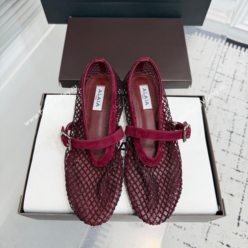Alaia Ballet Flats in Fishnet and Suede with Strass Burgundy 2025 AL020702 (KER-260207050)