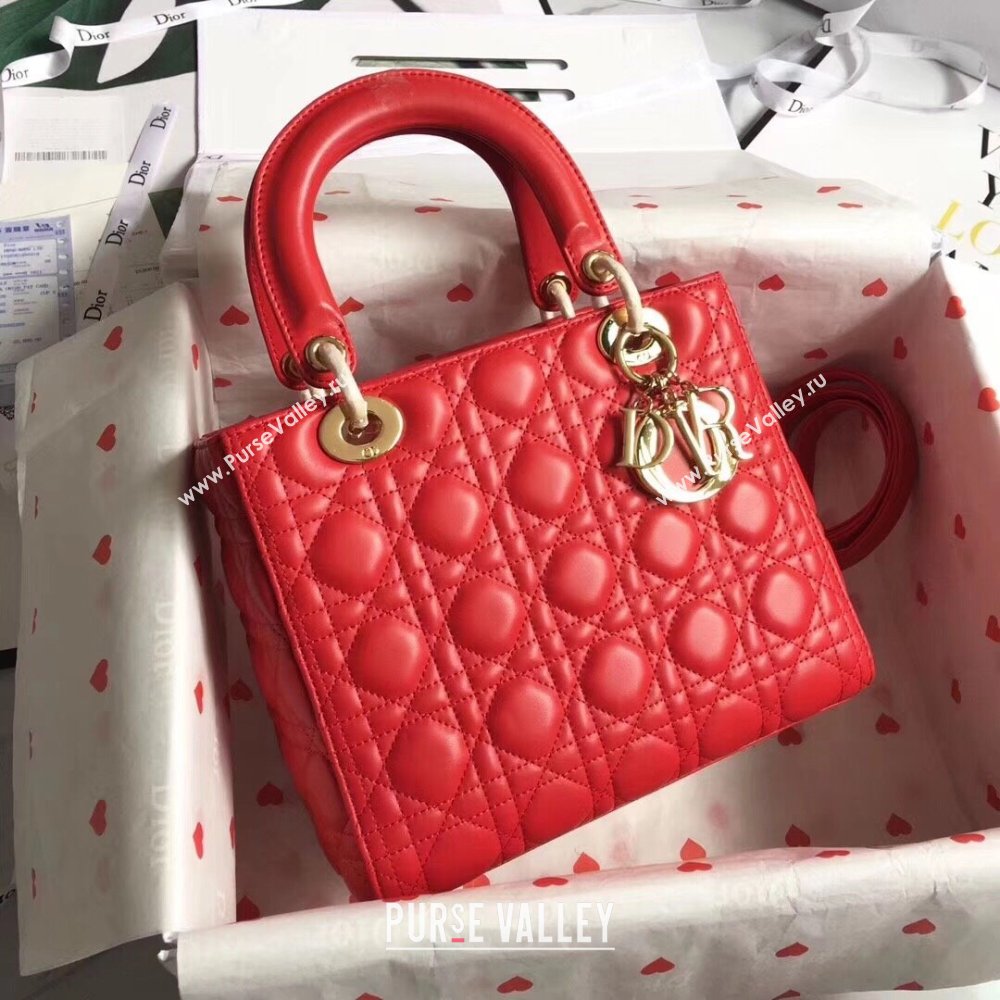 Dior Medium Lady Dior Bag in Cannage Lambskin 44532 Red/Gold 2024 (DMZ-24041622)